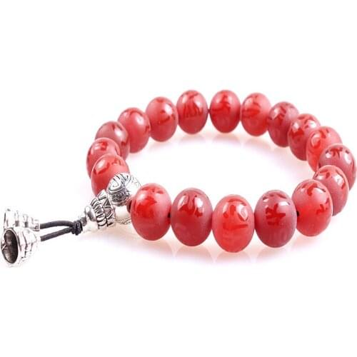 New 10mm Red Stone beads Buddhism Charm Stretch Rope Bracelet For Men Mala Yoga Lotus Prayer Beads Bracelet