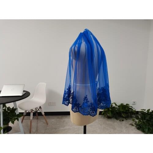 One layer wedding veil blue tulle bridal veil blue sequins lace edge veil with comb