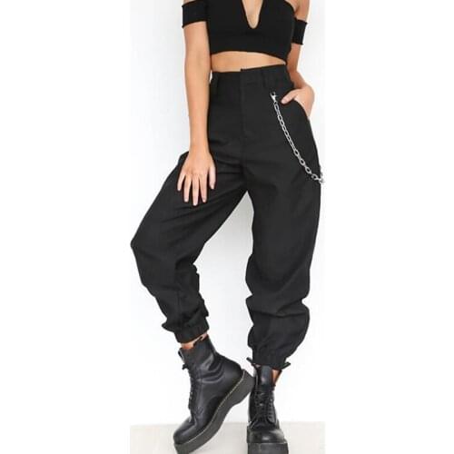Autumn Vintage Chain Black Cargo Pants Female Mid Waist Pants Joggers Baggy Trousers Women Streetwear