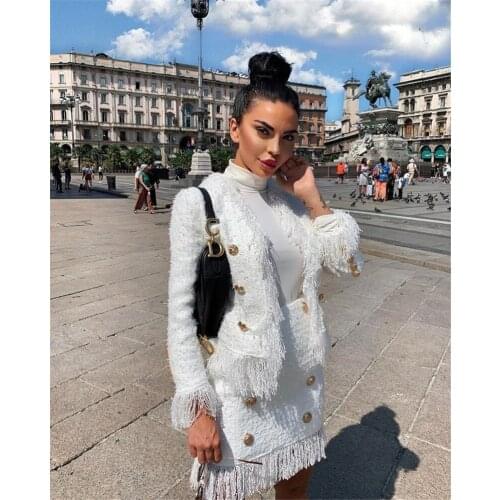 Autumn New White Tassel Two Pieces Bandage Set Sexy Full Sleeves Button Crop Top Bodycon Mini Dress Elegant Femal Celebrity Part