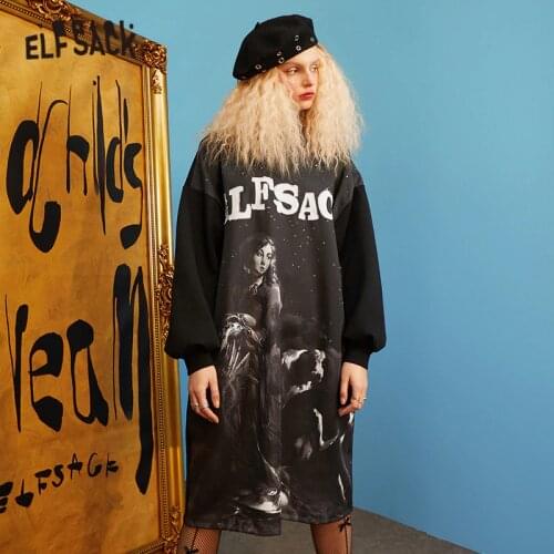 ELFSACK Graphic Print Letter Applique Casual Vintage Dresses Women,2021 Spring Harajuku Full Sleeve Korean Ladies Party Dress