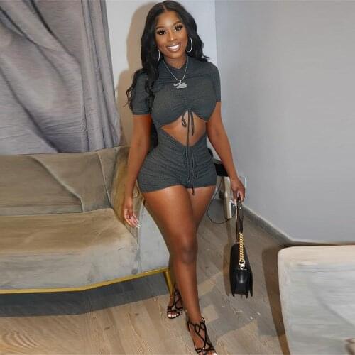 Short Sleeve Knitted Skinny Clubwear Playsuit Women Summer Solid Ruched Drawstring Jumpsuit Casual Hollow Stretchy Slim Outfit