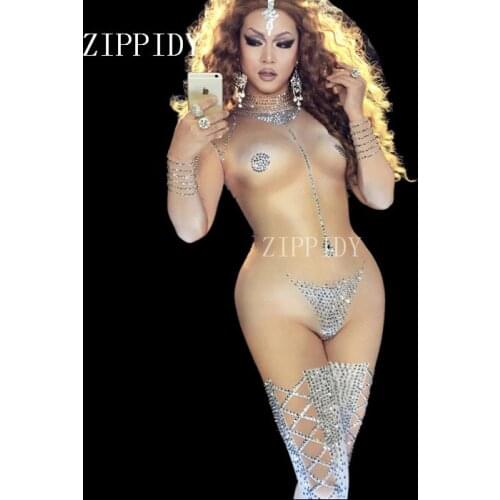 Sexy Striptease Dance Jumpsuit Sparkly Bodysuit Stage Wear Womens Celebrate Female Singer Crystals One Piece Costume Outfit