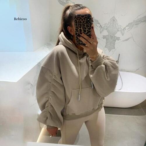 Women Casual Loose Hoodies Ruched Solid Color Soft Comfortable Long Sleeve Winter Warm Sweatshirts Hooded Top with Pocket