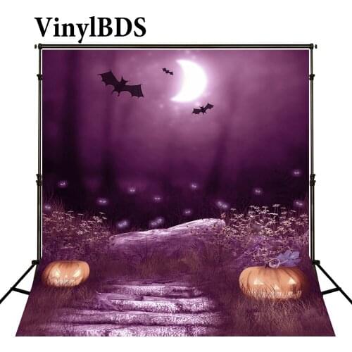 VinylBDS Purple Wall Bat Photography Background Halloween Steps Lantern Pumpkins Background Customize Backdrop