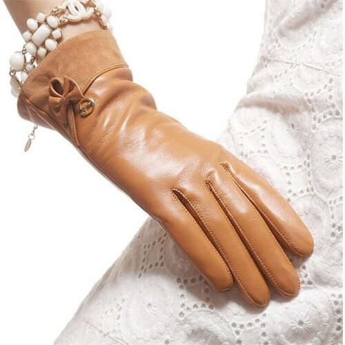 High Quality Brand Genuine Leather Gloves Women Sheepskin Glove Fashion Trend Wrist Bow Knot Driving Leather Gloves EL011PN-5