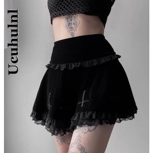 Ucuhulnl Goth Cross Black Skirt Vintage Lace Trim A Line Mini Skirt Gothic Grunge Y2K High Waist Ruffle Summer Skirt Women 2021