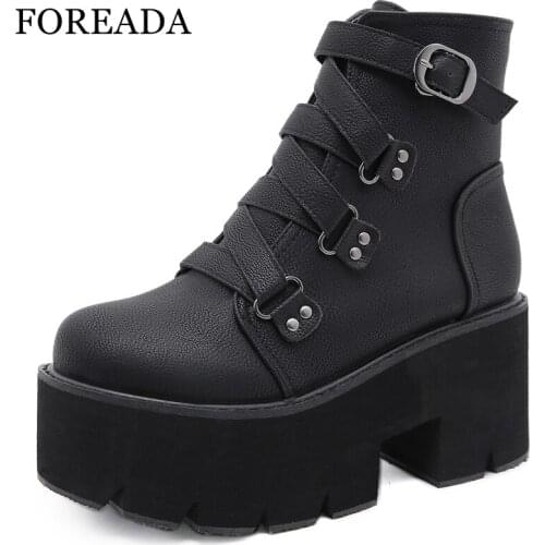FOREADA Woman Shoes Ankle Boots Autumn Platform Thick Heel Shoes High Heel Round Toe Buckle Ladies Ankle Boots Punk 35-43 Black