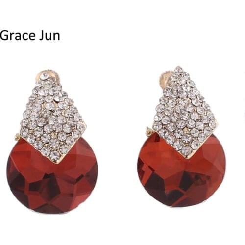 Grace Jun Korea Style Full Rhinestone Crystal Spiral Clip on Earrings Without Piercing for Women Luxury Jewelry Needn't Ear Hole
