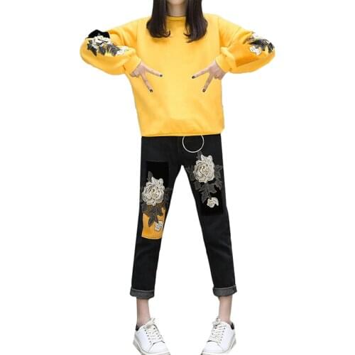 5XL Spring Fall 2 Piece Sets Women Jeans Suit Casual Loose Embroidery Flowers Tops jeans Plus Size Female Pants Suit