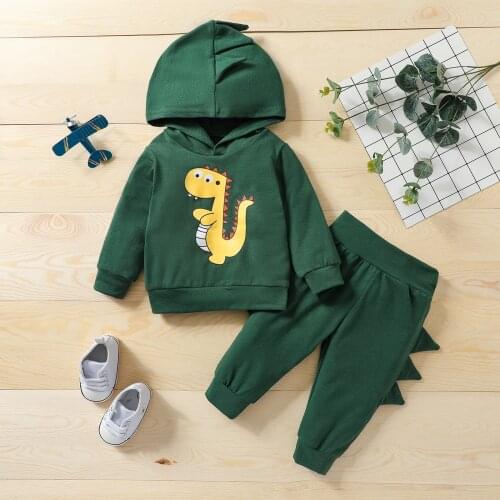 0-24M Newborn Baby 2Pcs Fall Outfits Cartoon Dinosaur Print Long Sleeve Hoodies and Long Pants Clothes Set for Baby Girls Boys