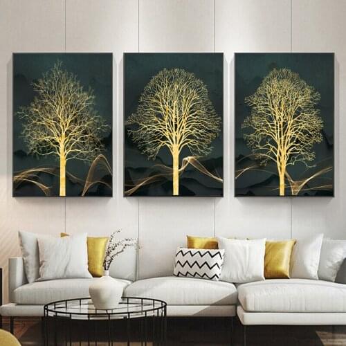 Abstract Golden Tree Green Background Canvas Painting Modern Poster Print for Living Room Entrance Decor Nordic Wall Picture