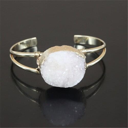 White Druzy Stone Women Bangle Natural Crystal Quartz Geode Gem Stone Charm Bangle Bracelet fine jewelry as a gift