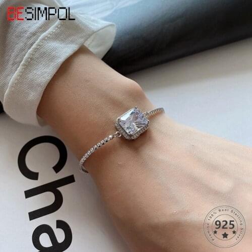 Besimpol 100% Real Sterling 925 Silver Bracelets French Style Large Square Zircon Bracelet for Women Minimalist Fine Jewelry