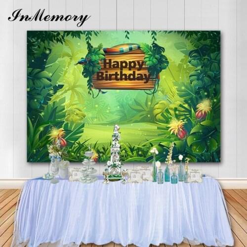 InMemory Forest Green Leaves Wooden Sign Children 1st Birthday Backdrop Jungle Theme Photography Background Custom Vinyl Banner