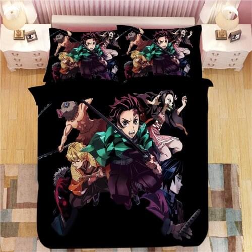 Hot Demon Slayer Kimetsu No Yaiba Sticker Bed Linen Cartoon Anime Duvet Covers Pillowcases Kids Anime Comforter Bedding Sets