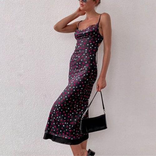 Ladies Fashion Summer Dress Printed Cherry Sleeveless Retro Oversized Slim Dress Womens Casual Long Sling Ladies Dress Summer