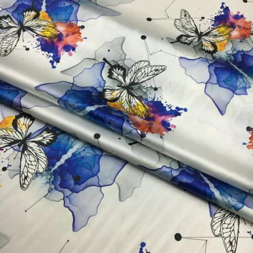 20 21 New Blue Watercolor Ink Hand Painted Phoenix Tail Butterfly Printed Mulberry Silk Stretch Satin Silk Clothing Fabric