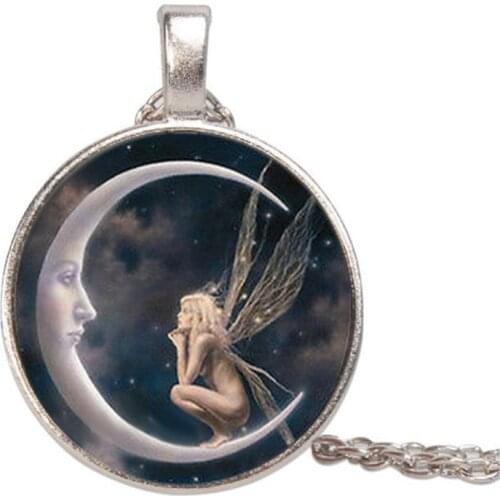 2021 new fashion stainless steel chain alloy pendant simulated time gemstone moon fairy necklace for women men gifts fj113