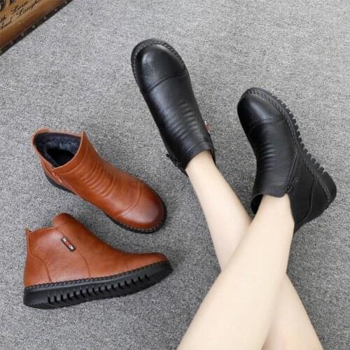 New Arrival Leather Ankle Boots Black Winter Plush Shoes For Women Waterproof Comfort Furry Boots Concise Womens Autumn Boots