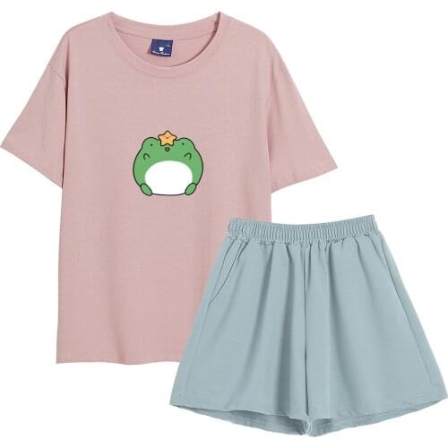 Harajuku Sleepwear Kawaii cartoon Frog Pjs Women Cotton Indoors and Outdoors Two Piece Suit Short Casual Loose Chic Pajamas Set