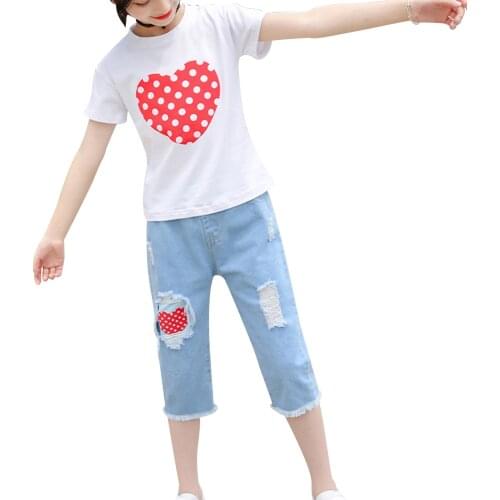 Oyolan Kids Summer Clothes Set for Girl White T Shirt And Ripped Jeans Children Outfits 6 8 10 12 Years Girls Clothing Suits