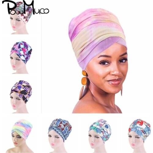 Powmuco 22 Colors Elastic Cotton Scarf Long Tail Hat Women Tie-Dyed Turban Hairdress Chemotherapy Cap Ladies Hair Accessories