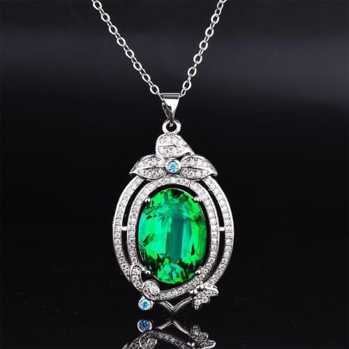 QTT High Quality Vintage Pendant Necklace Chain for Women 925 Silver Green Zircon Crystal Choker Statement Necklace Fine Jewelry