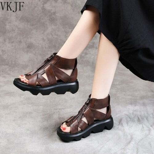 Genuine Leather Sandals Summer Women Ankle Boots Casual Retro Handmade Women Shoes Hollow Buckle Chunky Black Boot Sandal