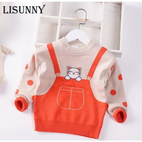 Girls Sweater 2021 New Autumn Winter Cartoon Cat O-Neck Dot Baby Jumper Children Sweaters Toddler Pullover Kids Clothes 2-7y