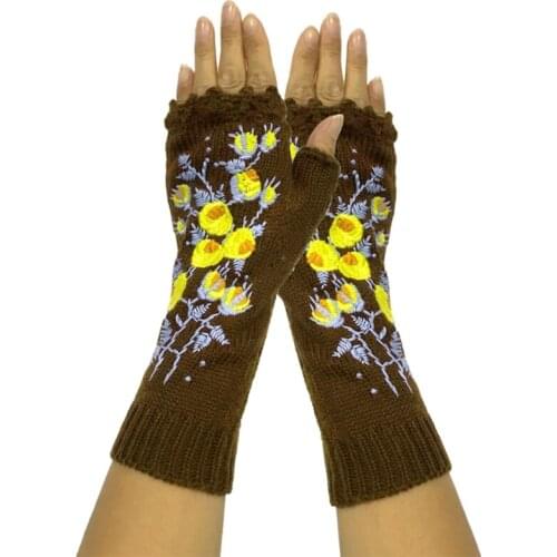 40GC Women Knit Lengthen Fingerless Gloves Yellow Floral Embroidery Texting Mittens