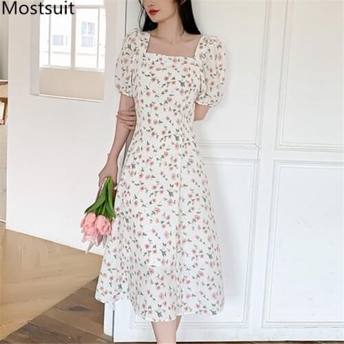 Summer Floral Printed Women Long Dress Puff Sleeve Square Collar A-line Dresses Korean Vintage Ladies Vestidos Femme 2021
