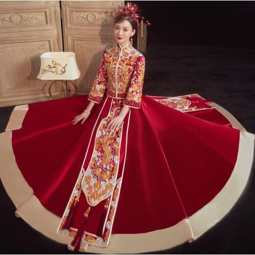 2021 Bride Phoenix Embroidery Wedding Dress Retro Chinese Style Cheongsam Toast Clothing Large Size S-2XL