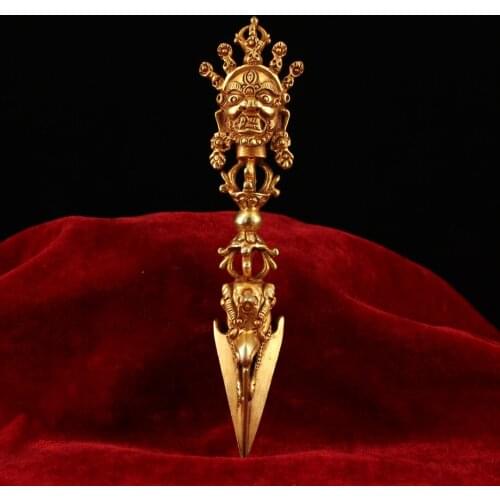 7" Tibet Buddhism Old Bronze Gilt Three eyes Mahakala head statue Dharma Dorje Vajra Phurpa Town House Ward off evil spirits