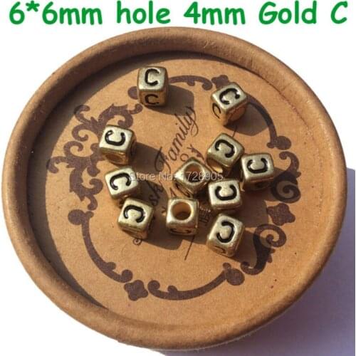 Cube Alphabet Beads C Gold Black Letters Single 2600pcs 6mm by 6mm Side Drill Craft Supply letter beads With big hole 4mm