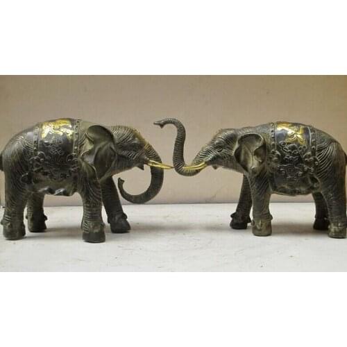 Bi001694 12"Chinese Folk Bronze gilt fengshui yuan bao ruyi Elephant Animal statue pair