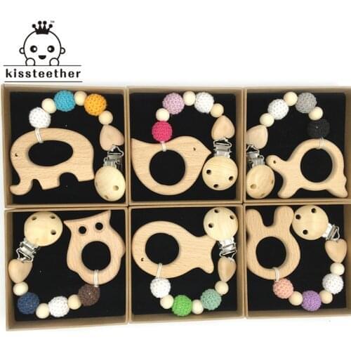 Baby Teether Pacifier Clip Wooden Animal Pendant Nature Wooden Teether Chewable Safe Holder Infant Gift Unisex Teething Clip Toy