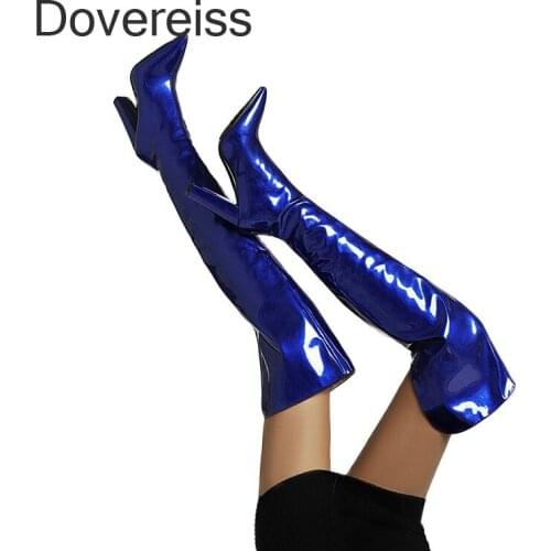 Dovereiss Fashion Womens Shoes Winter Sexy Blue Chunky Heels Clear Heels Boots Mature Over The Knee Boots Ladies Boots 42 43