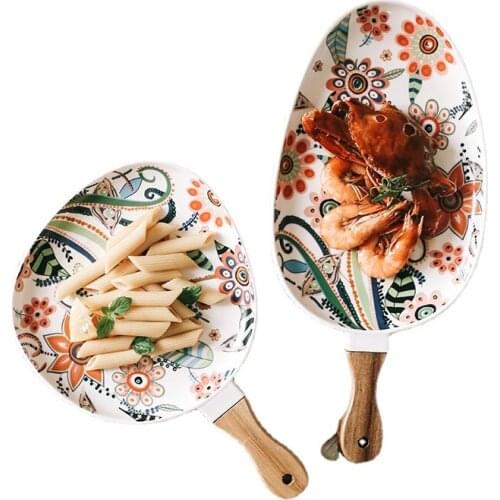 Nordic Ceramic Dinner Plates Dish Steak Salad Tray with Wooden Handle Christmas Steak Plates Home Decor Oval Dishes Tableware