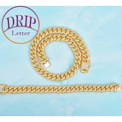 Gold Color Iced Zircon 12mm Cuban Necklace With Bracelet For Men Hip Hop Copper Rock Street Jewelry