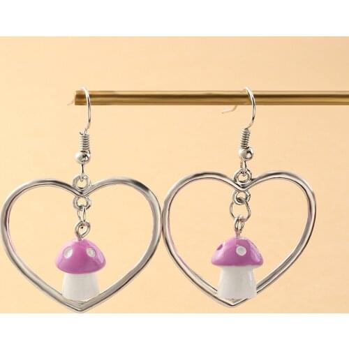 Cute Mushroom Hollow Heart love Drop Earrings for Girls Women Goblincore Aesthetic Egirl Dangle Hanging Earring Fashion Jewelry