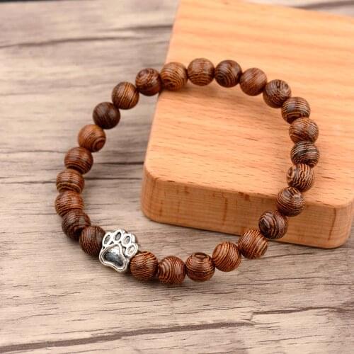 Natural Wood Beaded Bracelets Men Jewelry Homme Fashion Bear Paw Prayer Black Lava Stone Bracelet For Women Yoga AB278