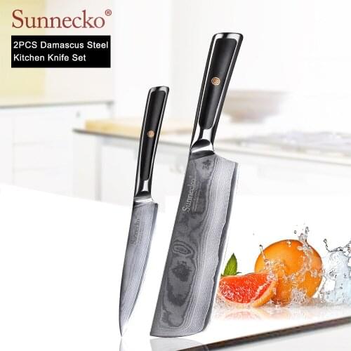 SUNNECKO Damascus Cleaver Utility Knife Japanese VG10 Core Steel Blade Cutter G10 Handle High Quality 2PCS Kitchen Knives Set