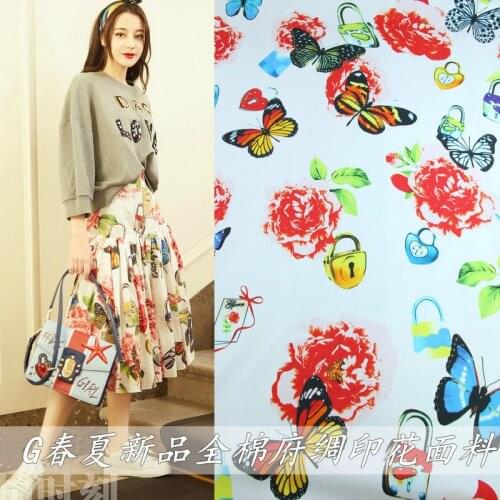 Natural 100% cotton poplin butterfly printed fabric cloth 145 cm width custom sewing clothing shirt fabric alibaba express