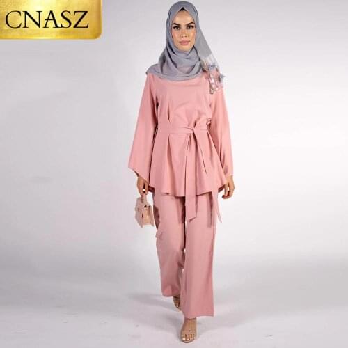 Latest Modest Simple Plain Color Blouse &Pant Plus Size Two-Piece Women Islamic Clothing Abaya Sets Two Pieces Set Simple Women
