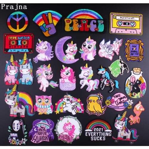 Prajna Unicorn Embroidered Patches Colorful Raibow Letter Patch Iron On Patches For Clothing No Face Man Applique Space Sticker