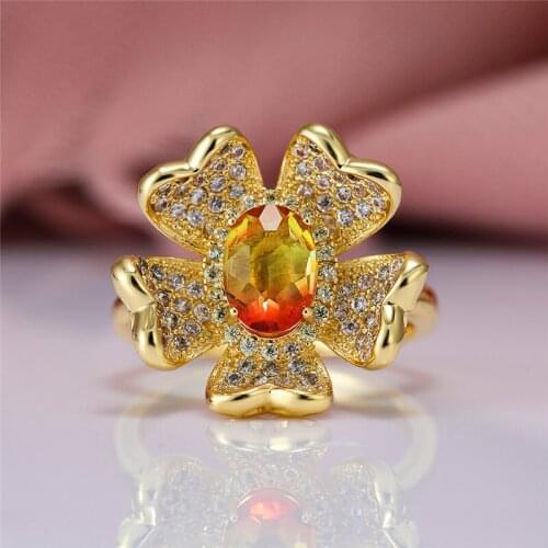 Luxury Female Blue Oval Crystal Ring Vintage Yellow Gold Color Wedding Rings For Women Promise Bridal Flower Engagement Ring