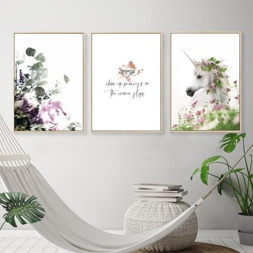 Girls Bedroom Decoration Unicorn Nursery Wall Art Posters And Prints Pink Plant Leaves Pretty Canvas Painting Wall Picture Decor