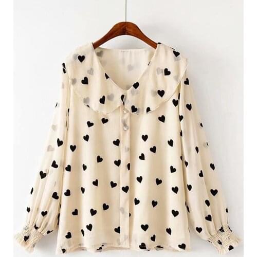 Plus Size Womens Heart Printed Blouse Long Sleeved Sweet Spring Summer Blusas Ladies' Officewear Tops