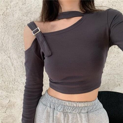 Women One Shoulder Off Cotton Gray Shirt High Elastic Casual Slim Fit Long Sleeve T-shirt Fashion Grils Streetwear Crop Tops